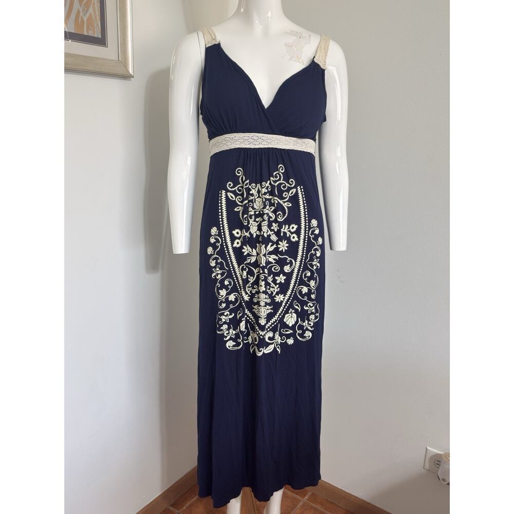 Women’s Blue Maxi Dress Size M Padded Lace Accents Embroidered Boho Cottagecore